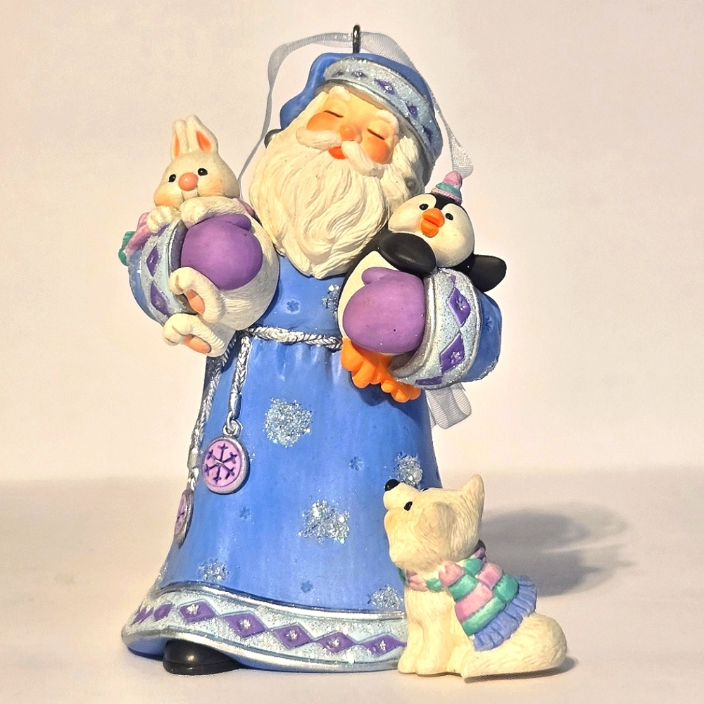VTG '02 HALLMARK Woodland Friends Ornament Santa w Penguin Bunny Wolf, Orig Box